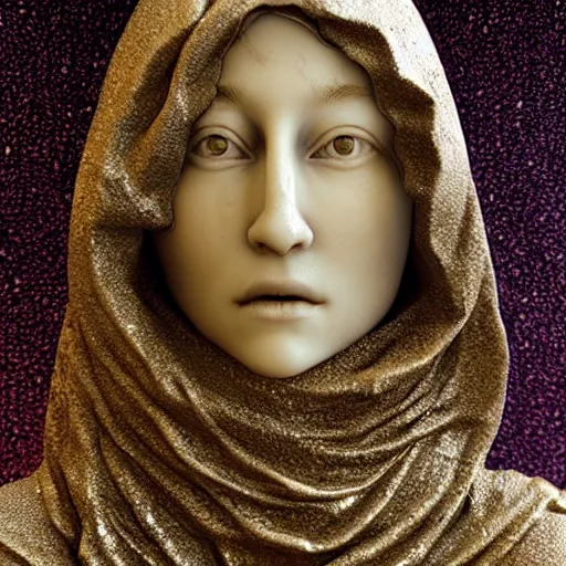 Prompt: a masterpiece marble sculpture of the veiled hooded virgin, subsurface cracks, !dramatic !face, !female, covered in intricate !detailed golden !!streaked veil , physically based rendering, ultra photo realistic, cinematic lighting , dark background by Dan Hillier