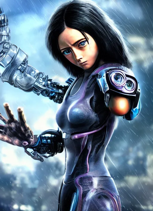 Image similar to Alita Battle Angel, digital painting, cyberpunk, aesthetic, faded, full body portrait, hyper realistic render, 8k