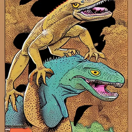 Prompt: a two-headed velociraptor biting a man in half, style of Geof Darrow