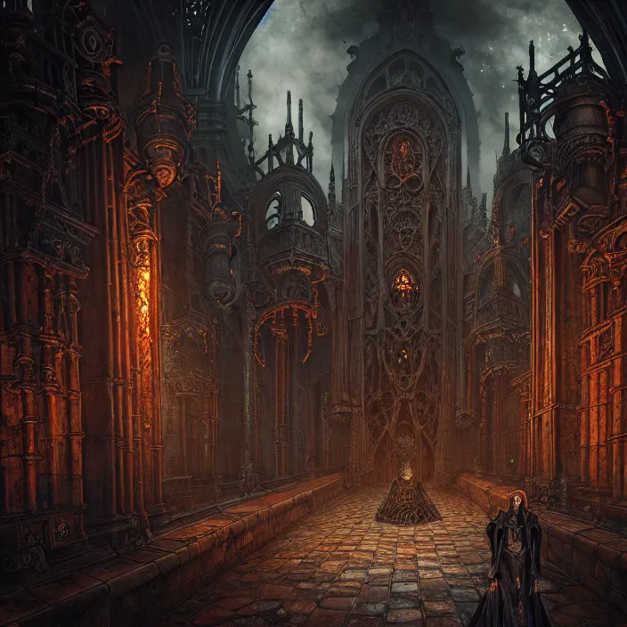 Image similar to steam necropolis, memento mori, gothic, neo - gothic, art nouveau, hyperdetailed copper patina medieval icon, stefan morrell, philippe druillet, ralph mcquarrie, concept art, steampunk, unreal engine, detailed intricate environment, octane render, moody atmospherics, volumetric lighting, ultrasharp, ominous, otherworldly