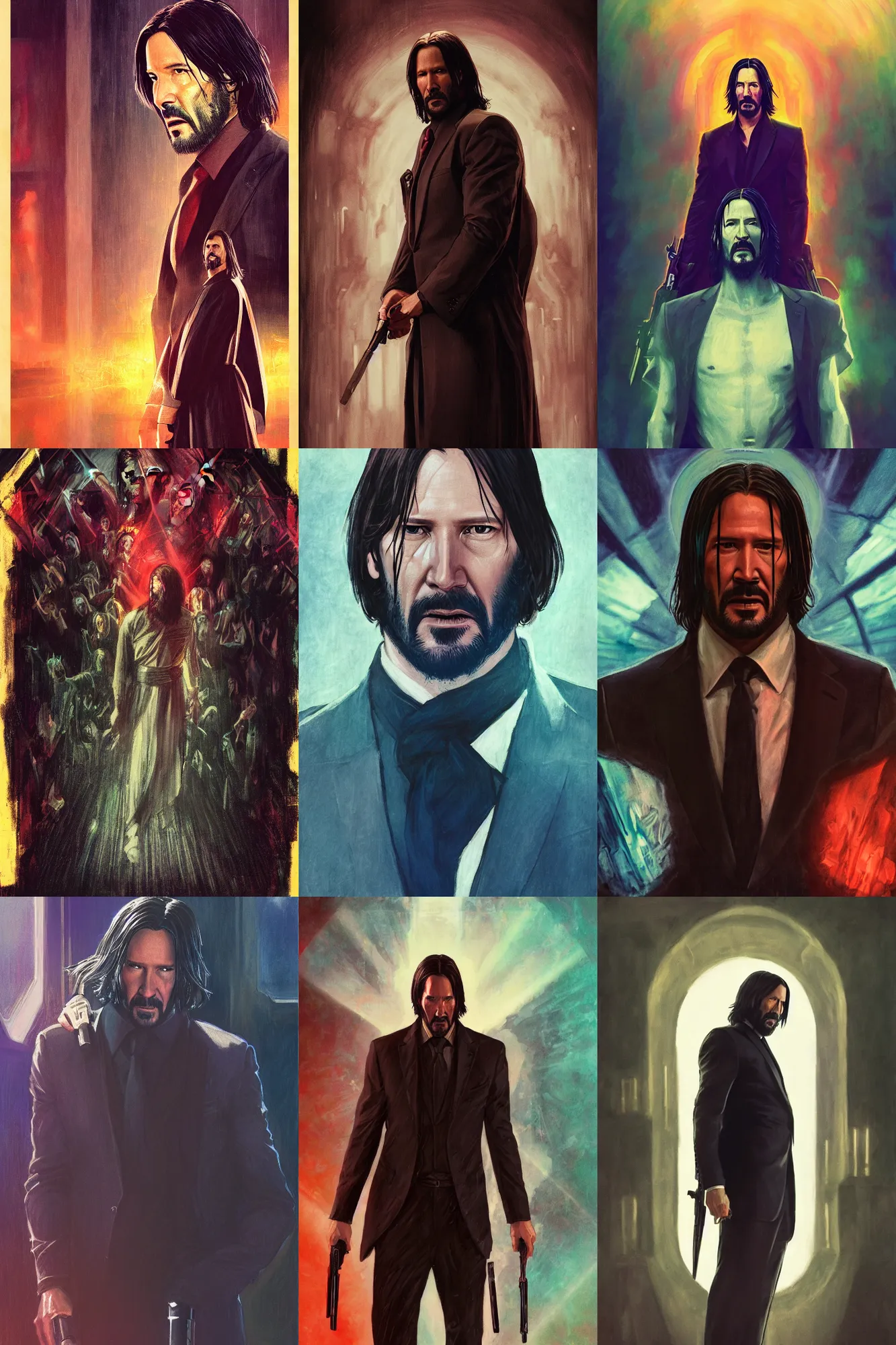 Prompt: john wick as jesus with halo, cinestill 8 0 0 t, medium shot, full, film still, shaded lighting poster by magali villeneuve, jeremy lipkin and michael garmash, rob rey and kentaro miura style, trippy