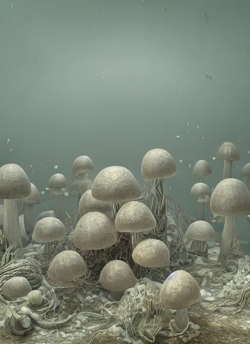 Image similar to mycelium growing into a mushroom, 3 d render in octane, glossy, fractals, beautiful lighting, fog, depth, under water, ernst haeckel