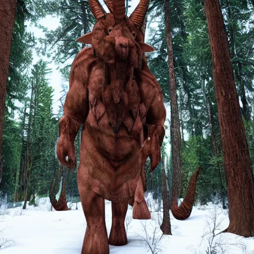 Prompt: Gigantic creature with horns standing in the forest between trees, realistic