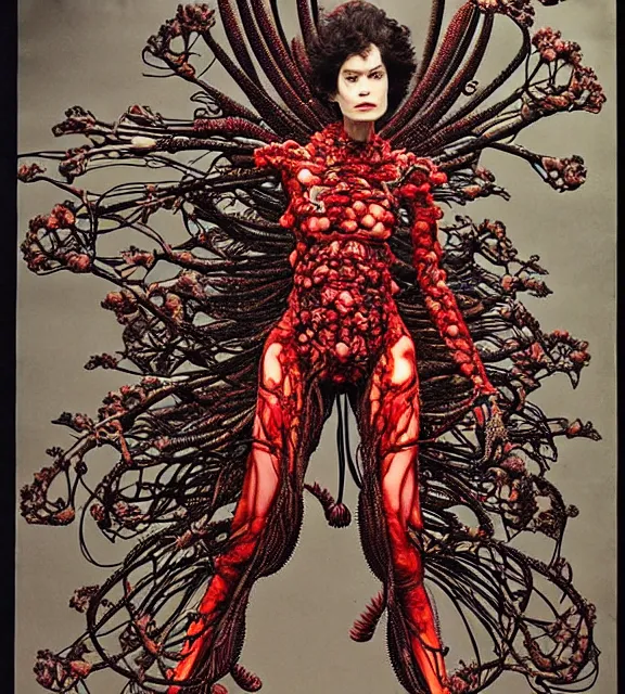 Image similar to still frame from Prometheus, harvest goddess cyborg in crimson filament mycelium, dressed by Neri Oxman and alexander mcqueen, metal couture haute couture editorial by giger by utagawa kuniyoshi