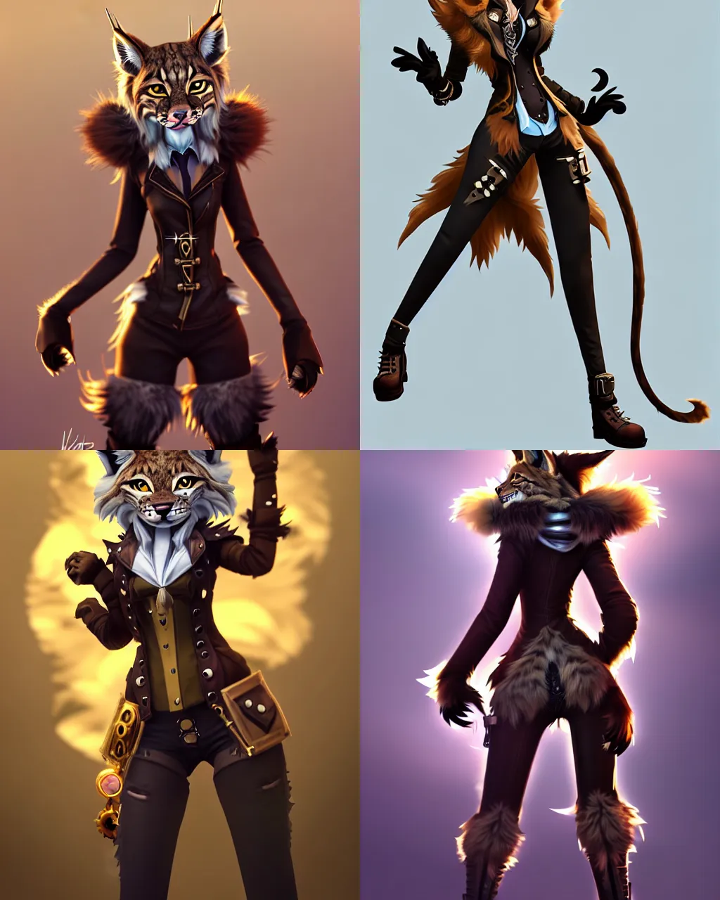 Prompt: a fierce lynx fursona stands ready for combat, view from behind of a furry wearing a steampunk suit. unimaginably beautiful, gorgeous, elegant, young woman with lynx features and fluffy paws, an absurdly detailed illustration, trending on furaffinity, vraytracing, bokeh battlefield. league of legends character splash art