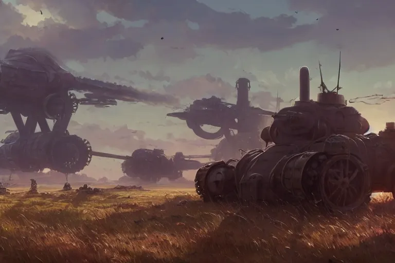 Prompt: concept art of an open field with ruined dieselpunk orcish tanks in the background, key visual, ambient lighting, highly detailed, digital painting, artstation, concept art, sharp focus, by makoto shinkai and akihiko yoshida and hidari and wlop