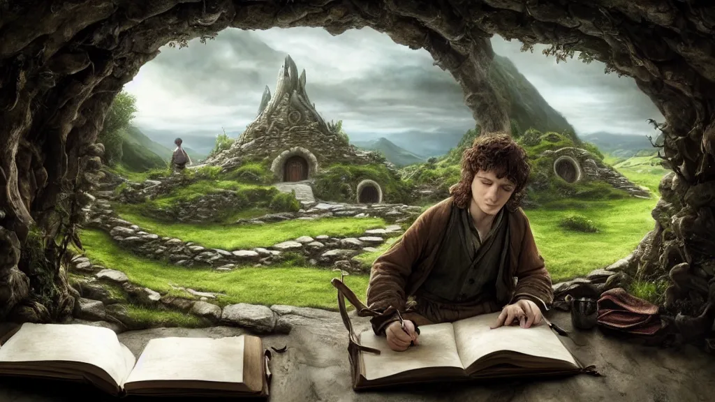 Image similar to frodo writing in his journal inside his hobbit hole bag end at the end of his journey, hobbiton visible through a window, by alan lee, michal karcz, smooth details, lord of the rings, game of thrones, smooth, detailed terrain, oil painting, trending artstation, concept art, fantasy matte painting, over the shoulder camera shot