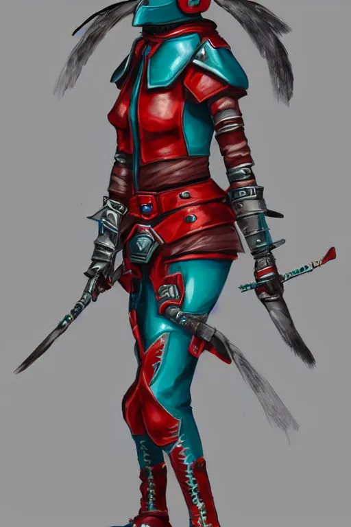 Image similar to female adventurer in tight full - body teal leather armor of japanese design with red accents and a white porcelain crow mask, trending in artstation, japanese, establishing shot