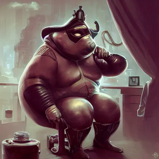 Image similar to a insanely detailed painting of a fat masked superhero wearing a costume sitting at a desk, staring at the nervously at the computer and clicking on the mouse, in the style of peter mohrbacher, dramatic lighting and composition, trending on artstation, concept art, comic book