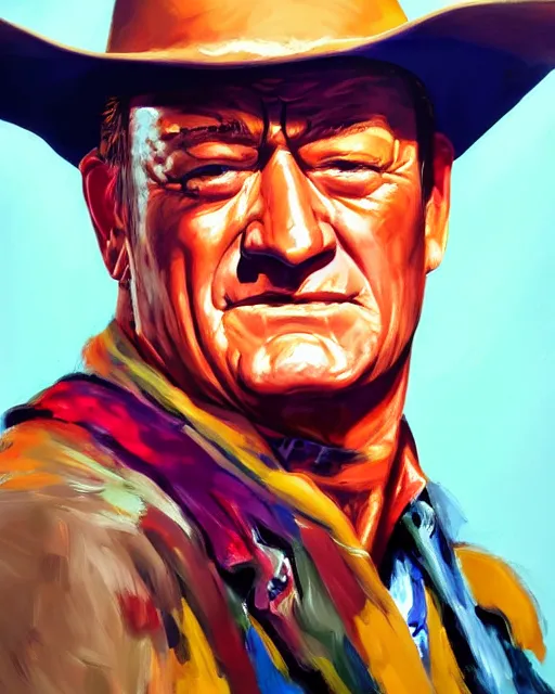 Prompt: a head and shoulder portrait of John Wayne painted in the colorful and expressive style of Kotwdq, trending on Artstation 8k photorealistic