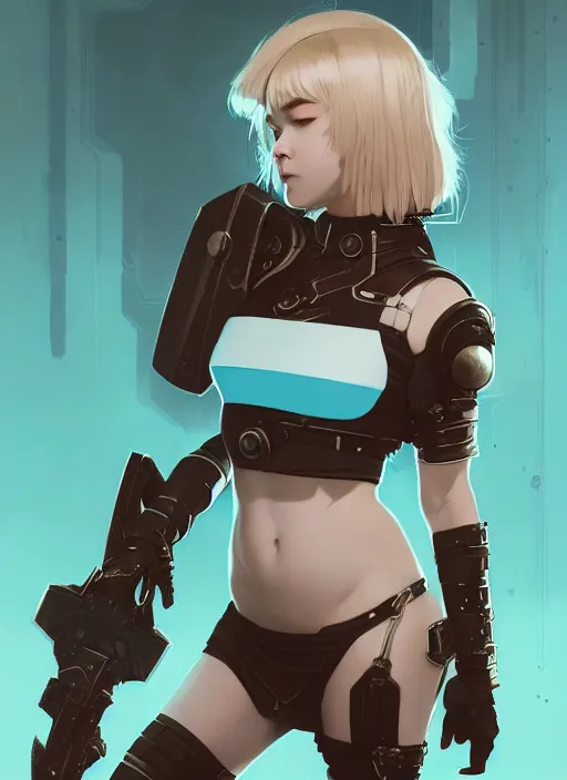 Image similar to portrait of cute shieldmaiden girl in cyber bikini armor, face by ilya kuvshinov, warhammer, cyberpunk, viking, by atey ghailan, by greg rutkowski, by greg tocchini, by james gilleard, by joe fenton, by kaethe butcher, dynamic lighting, gradient light blue, brown, blonde cream and white color in scheme, grunge aesthetic