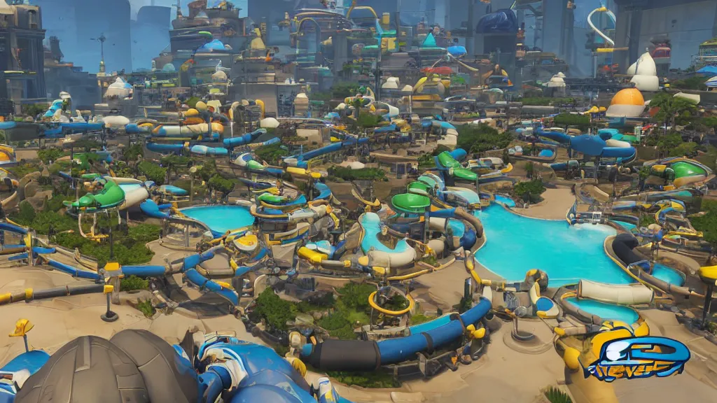 Prompt: Screenshot from Overwatch, at a water park