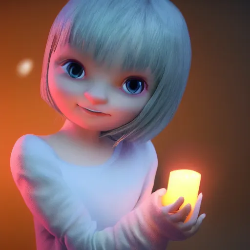 Prompt: A cute girl holding a glowing candle, fragile, soft, vray, Cimema 4D, 3d character, game character