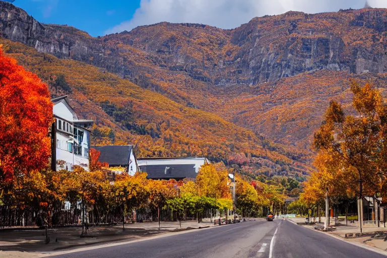 Image similar to warehouses lining a street, with an autumn mountain directly behind, lens compressed, photography