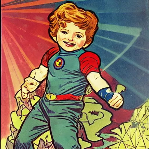 Image similar to a cute little boy with a mischievous face and ginger hair. he is dressed as a superhero. well composed, clean elegant painting, beautiful detailed face. comic book art by steve ditko and jack kirby and ( alphonse mucha )