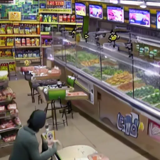 Prompt: cctv footage of a pokemon battle inside a deli, security cam footage