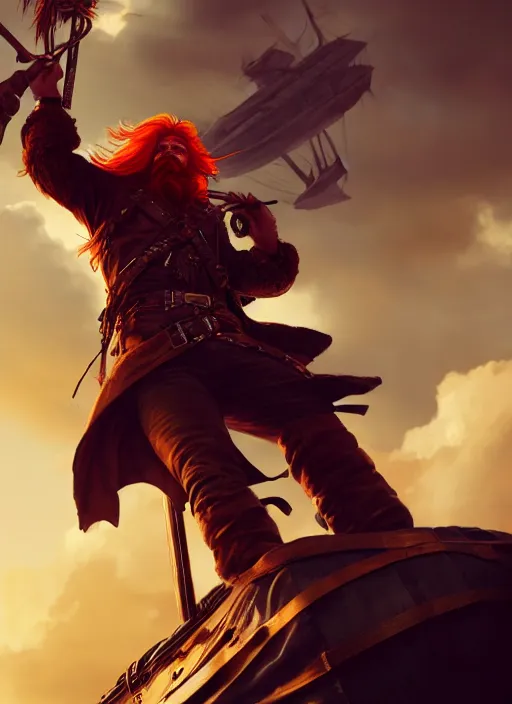 Image similar to An epic fantasy comic book style portrait painting of a long haired, red headed male sky-pirate in front of an airship, unreal 5, DAZ, hyperrealistic, octane render, by Greg Rutkowski, RPG portrait, dynamic lighting