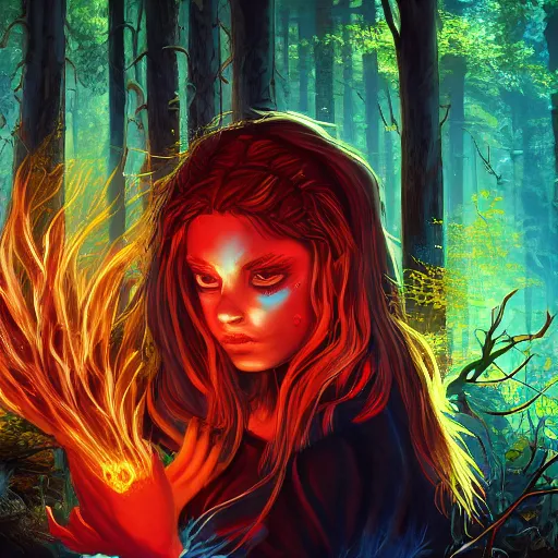 Image similar to magical astonishing dark forest is protected by an indigenous girl with a red-sleeved T-shirt using jeans, her hair glows on fire as she protects the forest with her fire powers, and her eyes are pure fire. trending on artstation, splash art hyper-detailed, 4K