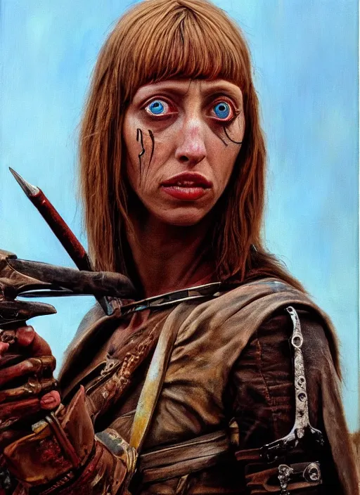 Prompt: portrait of a young 1 9 8 0 s shelley duvall as a threatening warlord character in mad max 2 : the road warrior, film still, detailed realism face in painting, detailed beautiful portrait, oil painting masterpiece, 8 k resolution, smooth, sharp focus, trending on artstation, by rembrandt