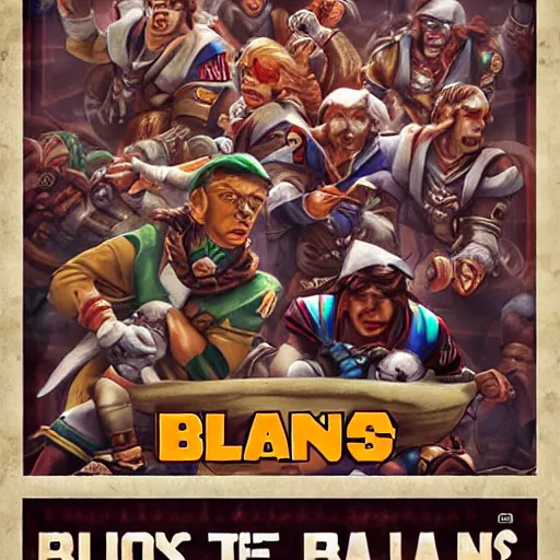 Image similar to blood bowl game poster, elves playing versus humans, intense game, nfl style, high quality, in style of tarantino