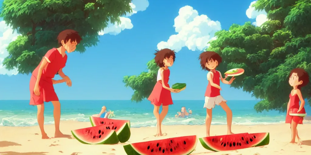 Image similar to a wholesome animation key shot of kids eating watermelon and popcorn at a tropical beach, medium shot, waist up, studio Ghibli, Pixar and Disney animation, sharp, very detailed, high resolution, Rendered in Unreal Engine 5, anime key art by Greg Rutkowski, Bloom, dramatic lighting