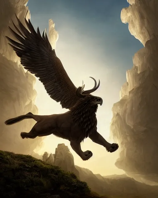 Prompt: human / eagle / lion / ox hybrid with two horns, one beak, mane and human body. beautiful dynamic lighting, cinematic, wide angle establishing shot, extremely high detail, photo realistic, cinematic lighting, post processed, concept art, artstation, matte painting, style by frederic church, raphael lacoste, unreal engine 8 k