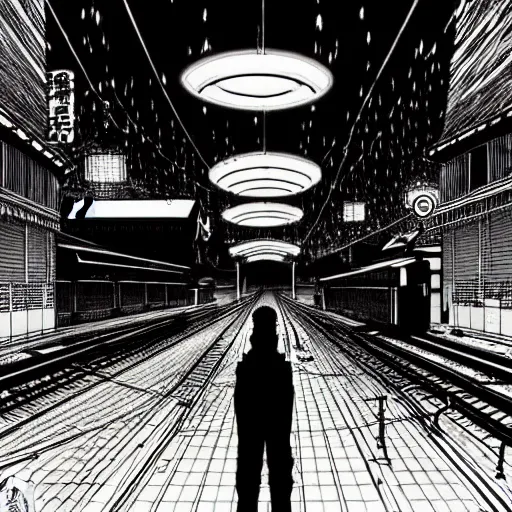 Image similar to a lonely night at the station, by Tsutomu Nihei, highly detailed