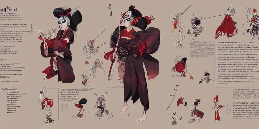 Prompt: kabuki character design, character sheet, Moebius, Greg Rutkowski, Zabrocki, Karlkka, Jayison Devadas, Phuoc Quan, trending on Artstation, 8K, ultra wide angle, zenith view, pincushion lens effect