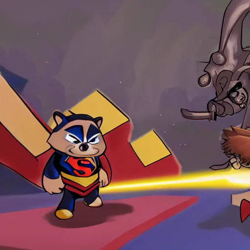 Image similar to Raccoon-superman fighting against darth-raccoon on a kirby-themed super-smash-bros-level, super highly detailed, professional digital painting, artstation, concept art, smooth, sharp focus, no blur, no dof, extreme illustration, Unreal Engine 5, Photorealism, HD quality, 8k resolution, cinema 4d, 3D, beautiful, cinematic, art by artgerm and greg rutkowski and alphonse mucha and loish and WLOP