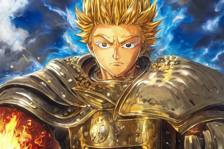 Image similar to an ultra detailed portrait of king richard the lionhearted as a paladin shonen anime protagonist charging into battle wearing bright gold armor and huge flaming longsword blessed by god, epic anime fantasy, 8 k, volumetric lighting, smooth, highly detailed, digital illustration, art by kentaro miura and akira toriyama and artgerm