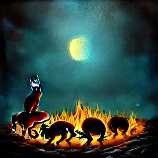 Image similar to strange mythical beasts of sitting around a fire under a full moon, surreal dark uncanny painting by ronny khalil