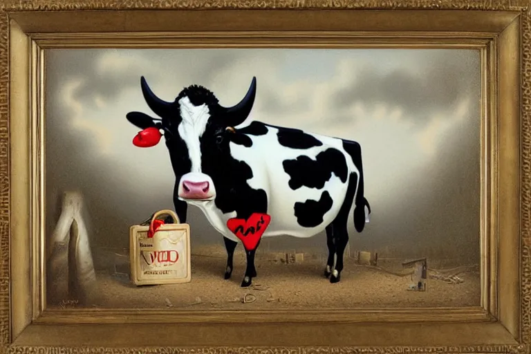 Prompt: 'Wherever you go, a cow is always watching you', lowbrow painting by Mark Ryden