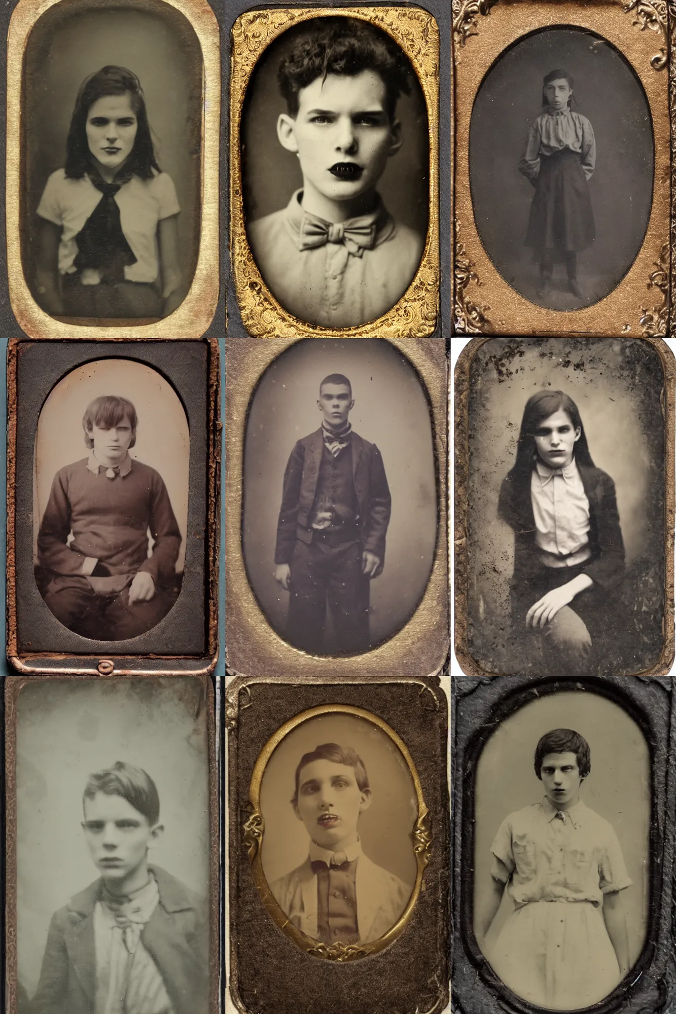 Prompt: an old tintype photograph of a teen vampire