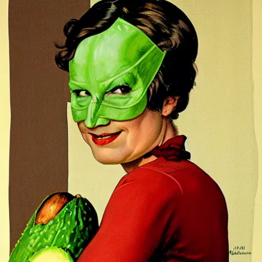 Prompt: Frontal portrait of a superheroine with avocado powers. Painting by Norman Rockwell.