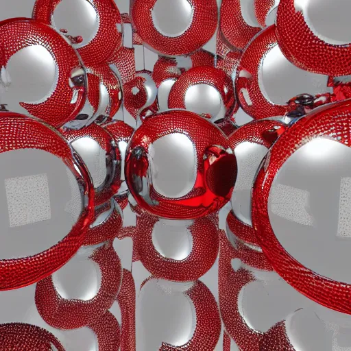 Prompt: chrome spheres on a red cube, retroreflector