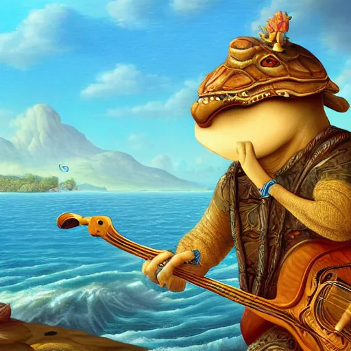 Prompt: an anthropomorphic tortoise playing a lute by the sea, Highly detailed and beautiful fantasy art trending in art station.