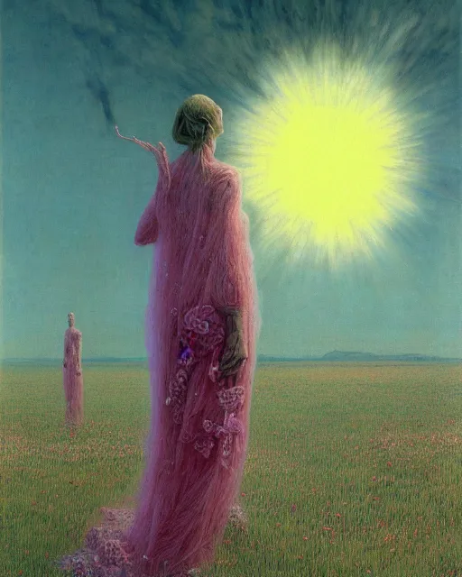 Image similar to A portrait of a woman wearing clothes made out of dying flowers, nuclear explosion in the background, Masterpiece, pink skin, glowing, wires everywhere, by Edgar Maxence and Ross Tran, Zdzisław Beksiński, and Michael Whelan, distant, gustav dore, H.R. Giger, 8k, octane render