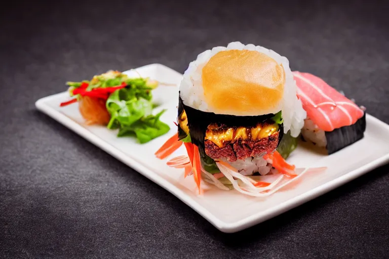 Prompt: sushi hamburger, commercial photography