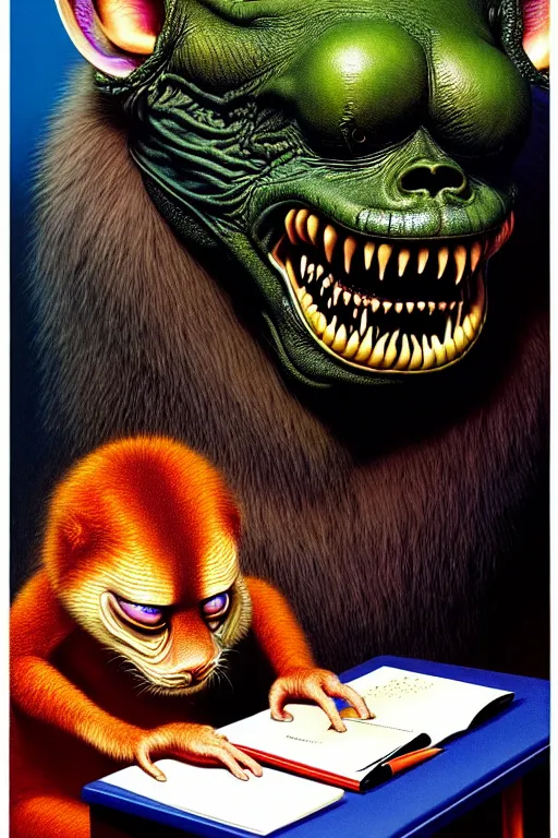 Image similar to a hyperrealistic painting of a chimeric creatures studying for a math exam, cinematic horror by jimmy alonzo chris cunningham, lisa frank, richard corben, highly detailed, vivid color,