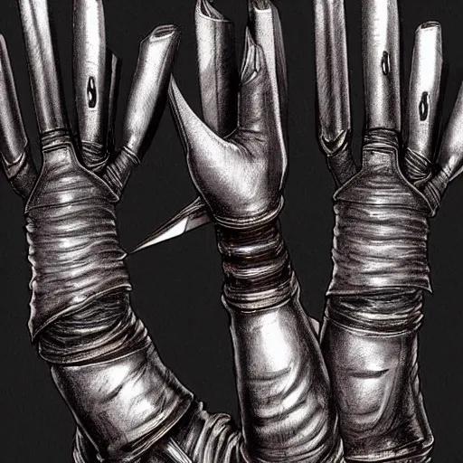 Image similar to metal claws on gloves, old leather gloves with attached talons, pointy fingertips, dark background, highly detailed, 8 k, trending on artstation, mystic, rpg artwork, by peter jackson, by sauron