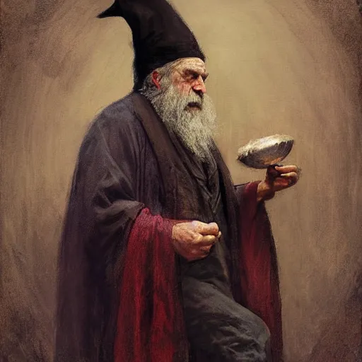 Prompt: Solomon Joseph Solomon and Richard Schmid and Jeremy Lipking victorian genre painting portrait painting of a old rugged actor wizard wearing a wizard hat and robe from the hobbit , red background
