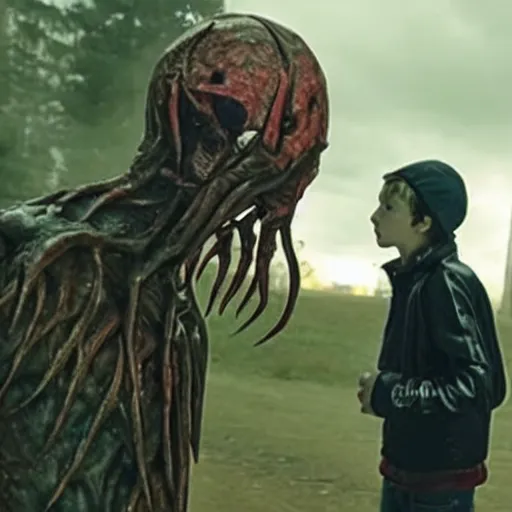 Image similar to a mind flayer chasing a teen in a horror TV series