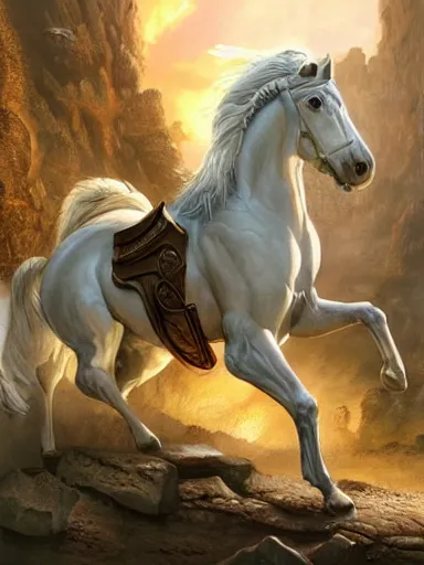 Prompt: a olimpic hero from ancient times, entering triunphantly a city mounted in a white horse. full of pride. victorirous. prideful.. intricate, elegant, highly detailed, digital painting, artstation, concept art, sharp focus, illustration, by justin gerard and artgerm, 8 k