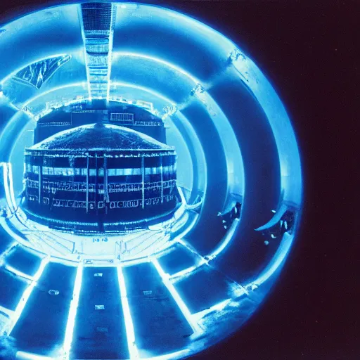 Image similar to an astounding 3 5 mm photo of a nuclear reactor glowing with cherenkov radiation