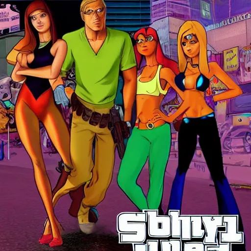 Prompt: Scooby Doo in GTA 5, cover art by stephen Bliss, no text, girls in bikinis in the background, holding a gun, trending on artstation