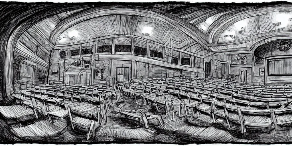 Image similar to a dimly lit, theater hall, 3 doors, 1 staircase, day of the tentacle style, drawn by Peter Chan, fish eye