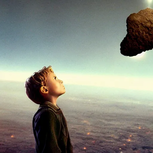 Prompt: a boy look to sky saw a huge asteroid approach to earth, cinematic, hollywood standard, a film directed by christopher nolan