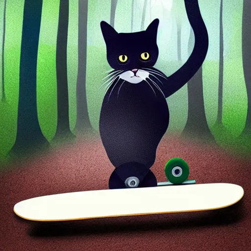 Prompt: a cat riding a skateboard in a forest, digital art