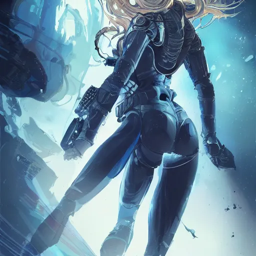 Prompt: highly detailed portrait of a hopeful young astronaut lady with a wavy blonde hair, by Dustin Nguyen, Akihiko Yoshida, Greg Tocchini, Greg Rutkowski, Cliff Chiang, 4k resolution, image comics inspired, drakenguard inspired, death stranding inspired, vibrant but dreary but upflifting azure blue, black and white color scheme!!! ((Space nebula background))