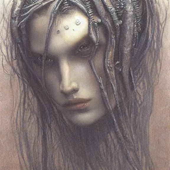 Image similar to a highly detailed portrait in the style of jean delville and in the style of gerald brom.